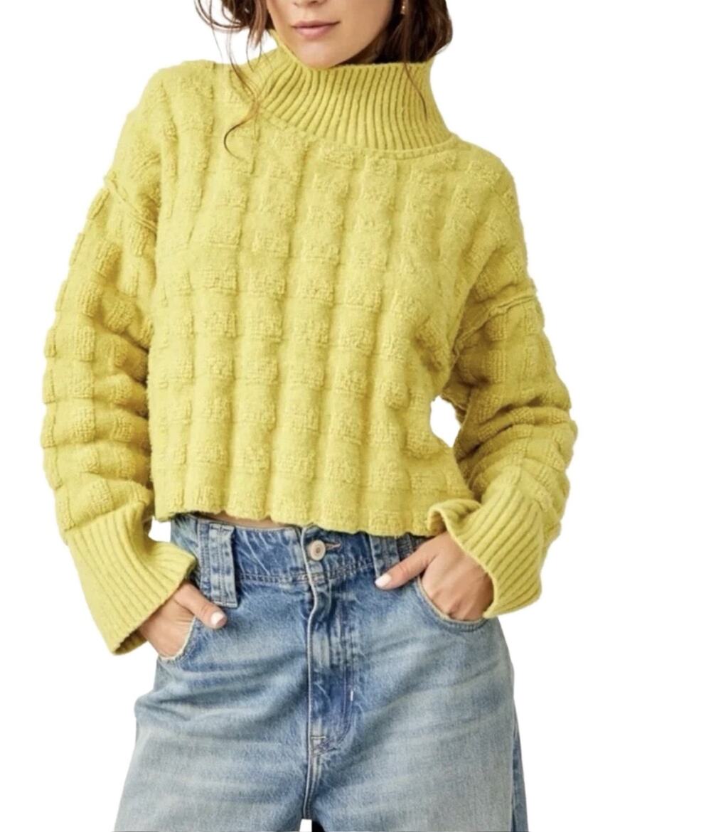 Free People Soul Searcher Cropped Mock Neck Textured Knit Sweater Green XS